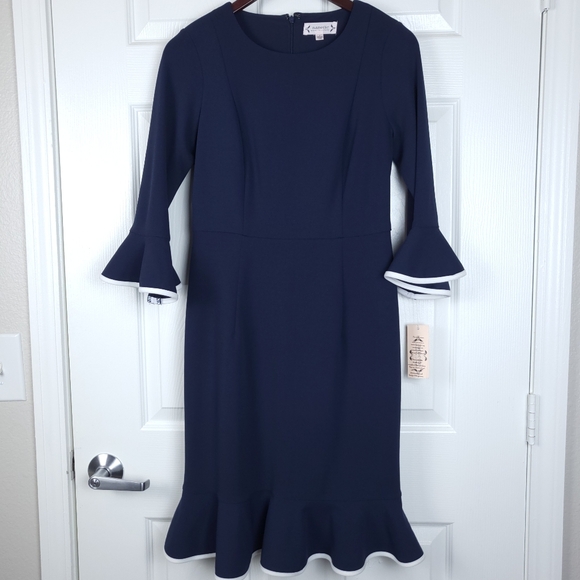 NWT Nanette Lepore 3/4 Sleeve Flounce Dress| Dark Navy - Picture 3 of 12